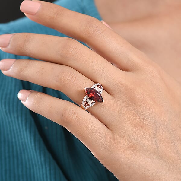D'Joy Premium Mozambique Garnet And Moissanite 3.20 Ctw Deco Flame Ring In 18K Vermeil Rose Gold Over Sterling Silver