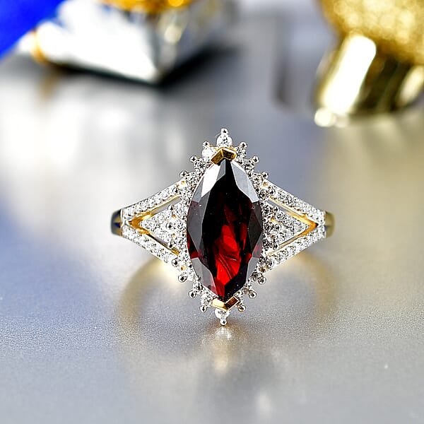 D'Joy Premium Mozambique Garnet And Moissanite 3.40 Ctw Flare Majesty Ring In 18K Vermeil Yellow Gold Over Sterling Silver