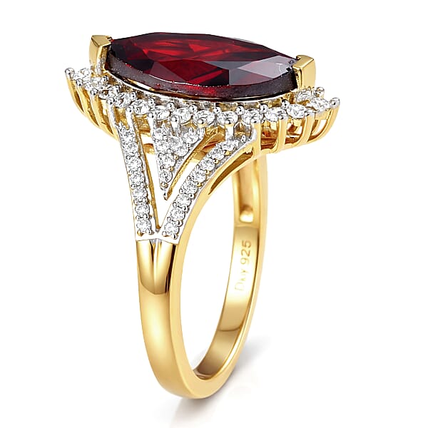 D'Joy Premium Mozambique Garnet And Moissanite 3.40 Ctw Flare Majesty Ring In 18K Vermeil Yellow Gold Over Sterling Silver