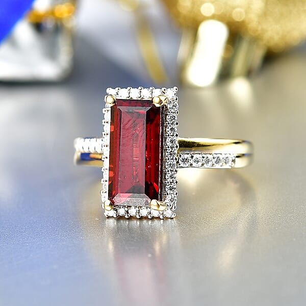 D'Joy Premium Mozambique Garnet And Moissanite 3.90 Ctw Flare Luxe Ring In 18K Vermeil Yellow Gold Over Sterling Silver