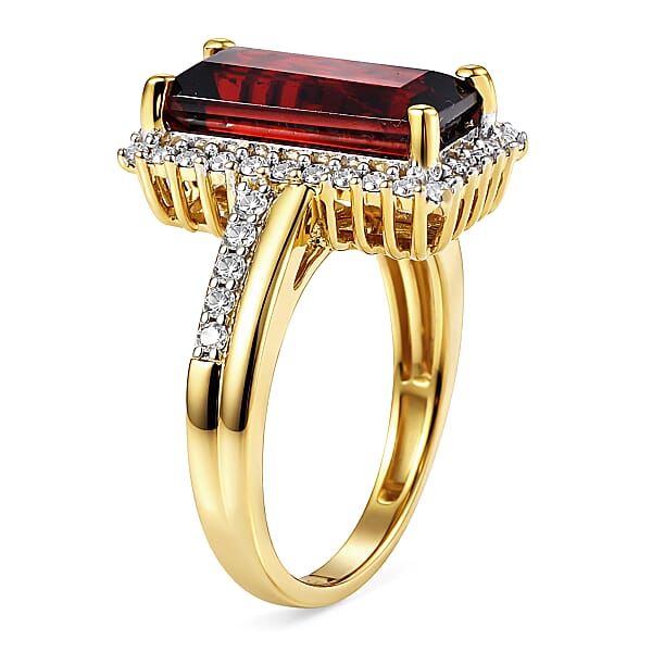 D'Joy Premium Mozambique Garnet And Moissanite 3.90 Ctw Flare Luxe Ring In 18K Vermeil Yellow Gold Over Sterling Silver