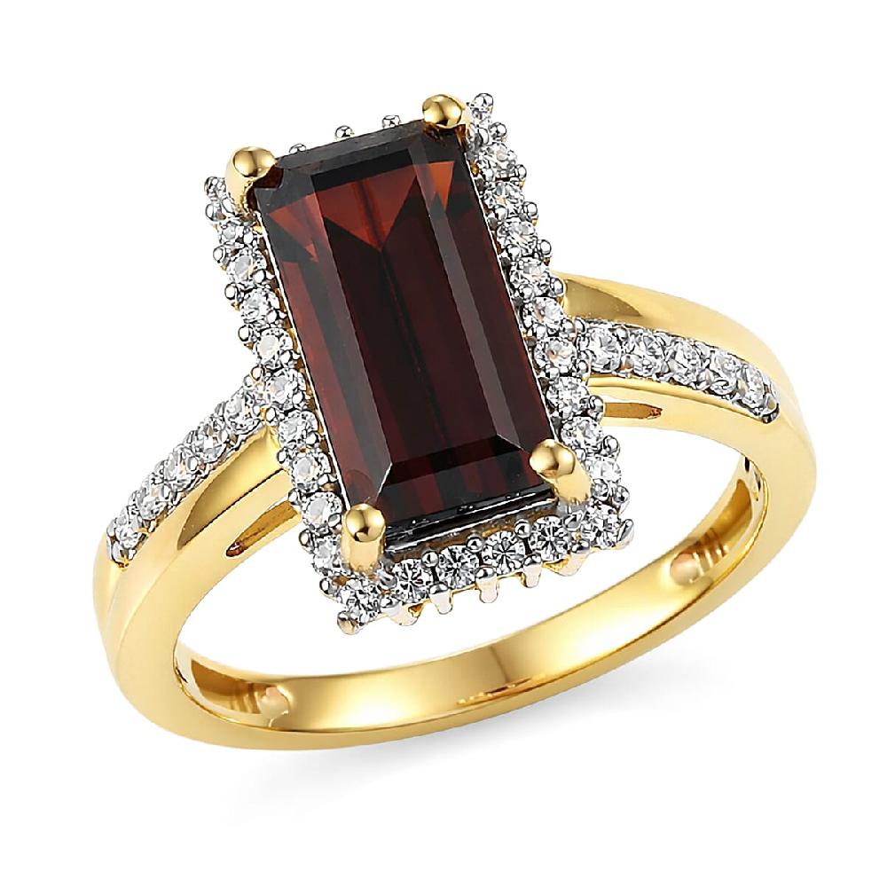 D'Joy Premium Mozambique Garnet and Moissanite 3.90 ctw Flare Luxe Ring in 18K Vermeil Yellow Gold Over Sterling Silver