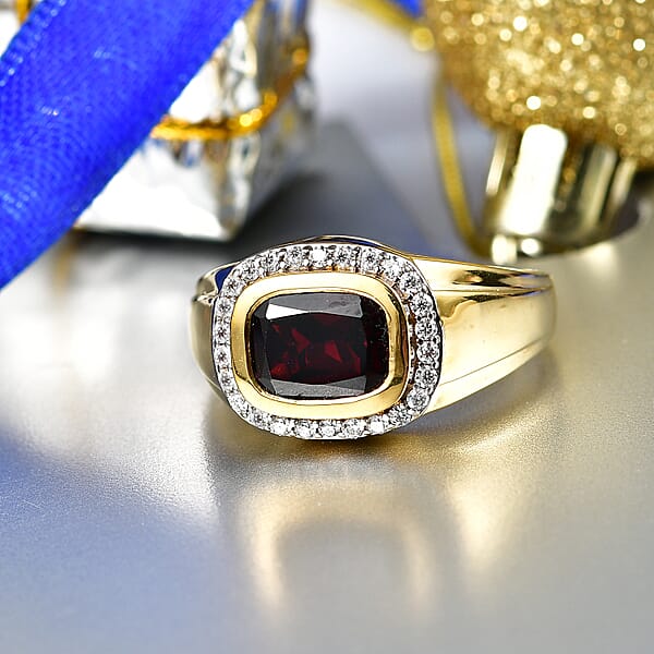 D'Joy Premium Mozambique Garnet And Moissanite 4.00 Ctw Men's Ring In 18K Vermeil Yellow Gold Over Sterling Silver