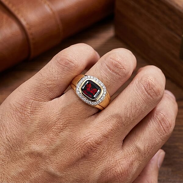 D'Joy Premium Mozambique Garnet And Moissanite 4.00 Ctw Men's Ring In 18K Vermeil Yellow Gold Over Sterling Silver