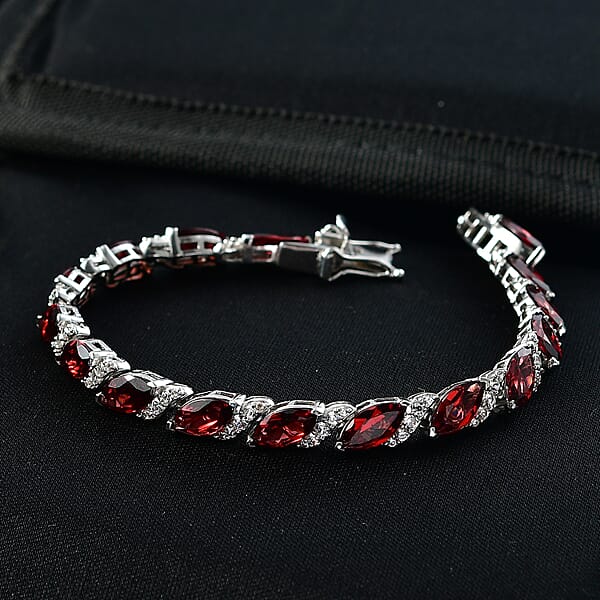 D'Joy Premium Mozambique Garnet And White Zircon 22.00 Ctw Passion Wave Bracelet In Rhodium Over Sterling Silver (7.25 In)