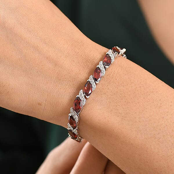 D'Joy Premium Mozambique Garnet And White Zircon 22.00 Ctw Passion Wave Bracelet In Rhodium Over Sterling Silver (7.25 In)