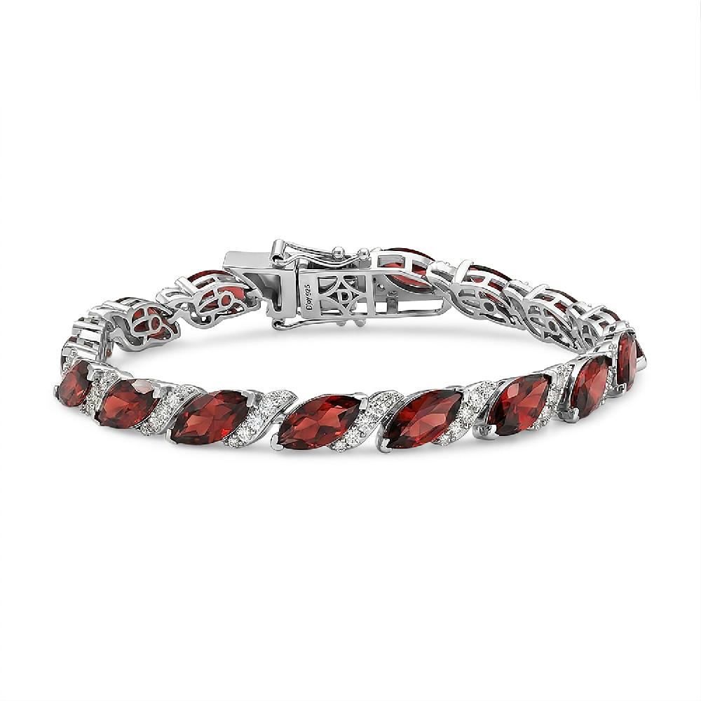 D'Joy Premium Mozambique Garnet and White Zircon 22.00 ctw Passion Wave Bracelet in Rhodium Over Sterling Silver (7.25 In)