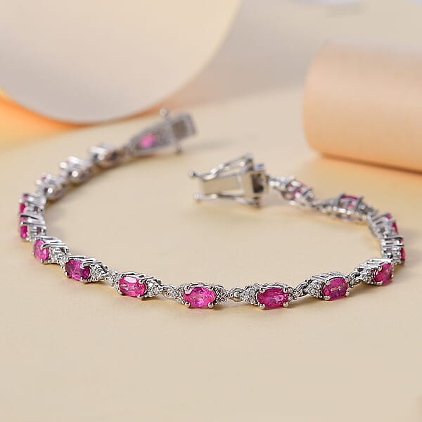 D'Joy Premium Mozambique Pink Sapphire And Moissanite 5.90 Ctw Art Deco Bracelet In Rhodium Over Sterling Silver (7.25 In)