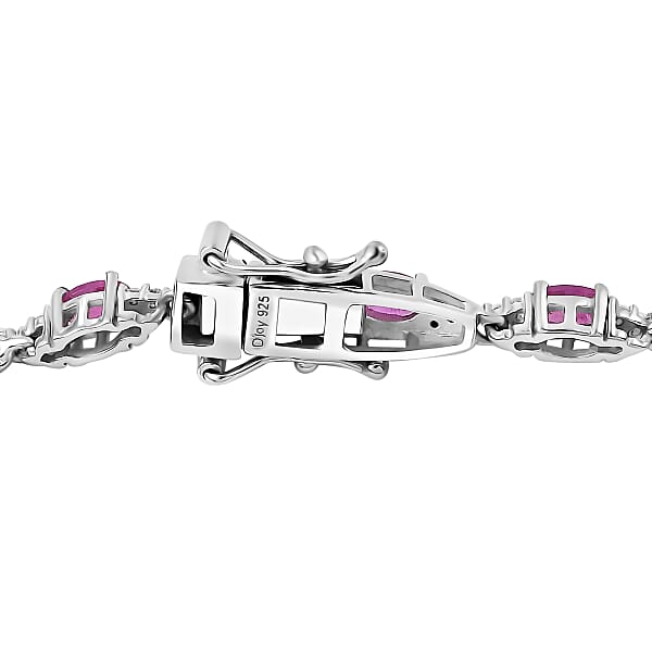 D'Joy Premium Mozambique Pink Sapphire And Moissanite 5.90 Ctw Art Deco Bracelet In Rhodium Over Sterling Silver (7.25 In)