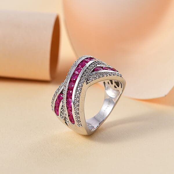 D'Joy Premium Mozambique Ruby And White Zircon 2.35 Ctw Criss Cross Ring In Rhodium Over Sterling Silver