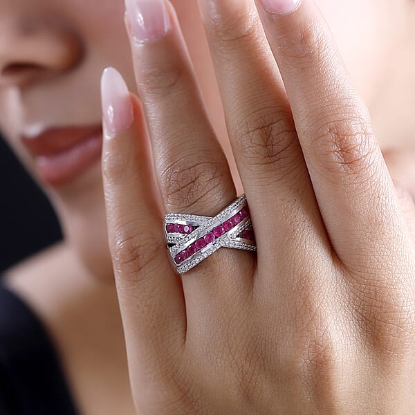 D'Joy Premium Mozambique Ruby And White Zircon 2.35 Ctw Criss Cross Ring In Rhodium Over Sterling Silver