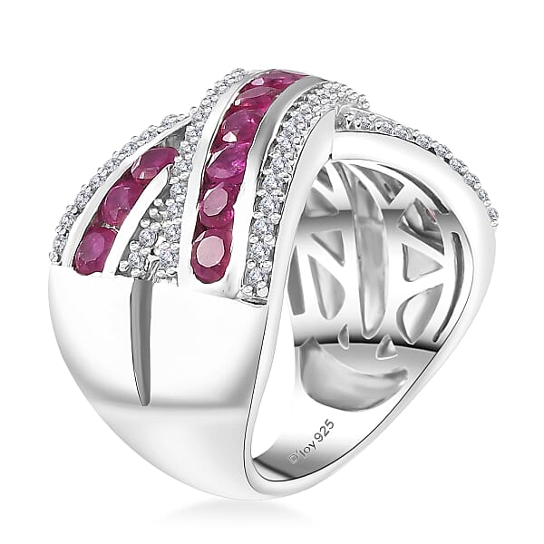 D'Joy Premium Mozambique Ruby And White Zircon 2.35 Ctw Criss Cross Ring In Rhodium Over Sterling Silver