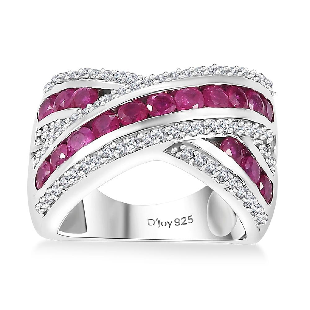 D'Joy Premium Mozambique Ruby and White Zircon 2.35 ctw Criss Cross Ring in Rhodium Over Sterling Silver