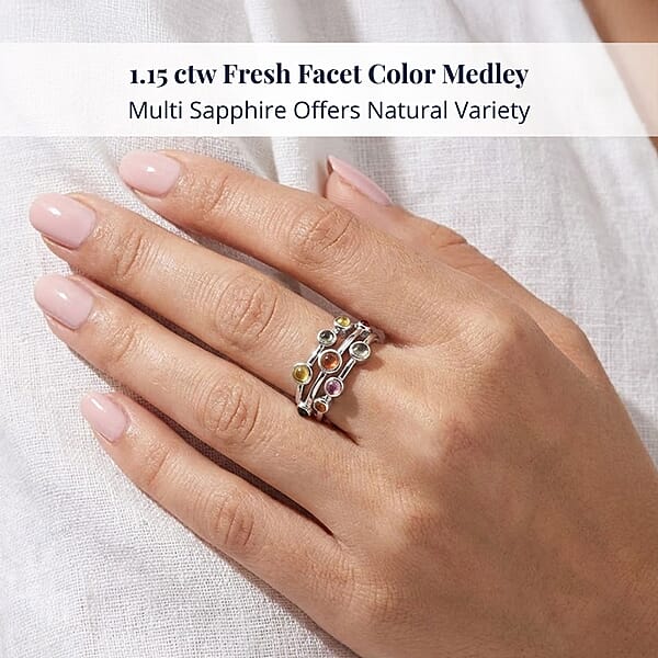 D'Joy Premium Multi Sapphire 1.15 Ctw Rainbow Cascade Ring In Rhodium Over Sterling Silver
