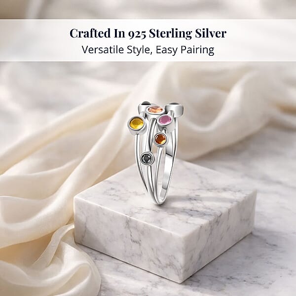D'Joy Premium Multi Sapphire 1.15 Ctw Rainbow Cascade Ring In Rhodium Over Sterling Silver