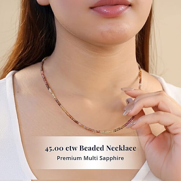 D'Joy Premium Multi Sapphire 45.00 Ctw Beaded Necklace In 18K Vermeil Yellow Gold Over Sterling Silver 18-20 Inches