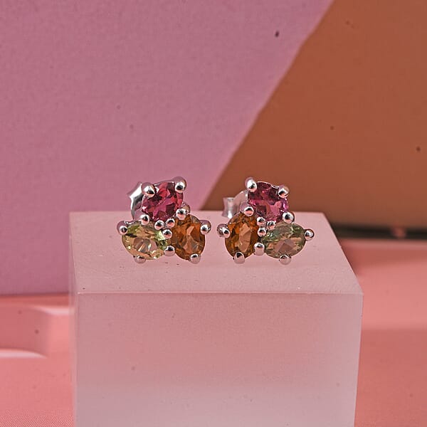 D'Joy Premium Multi-Tourmaline 1.00 Ctw Stud Earrings In Rhodium Over Sterling Silver