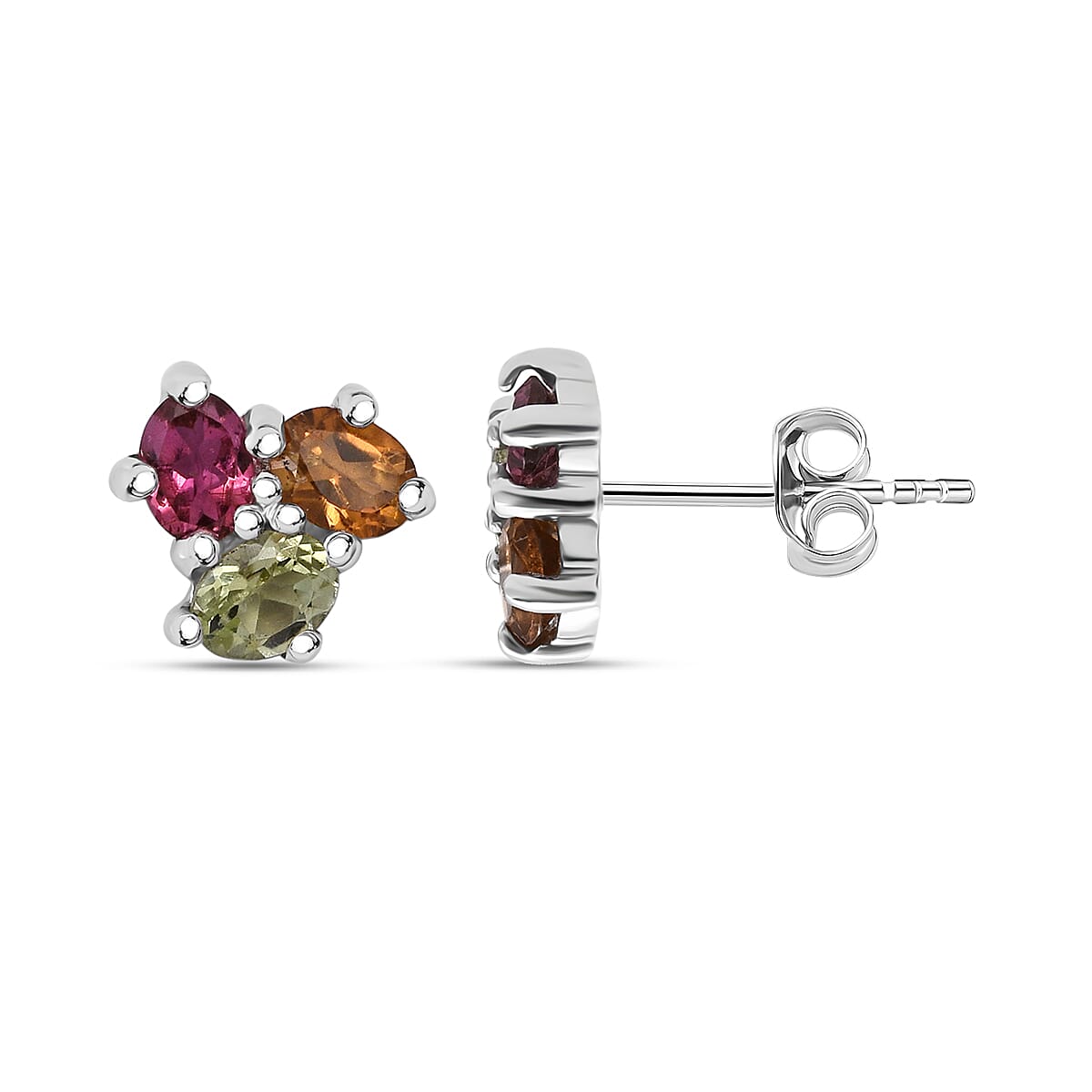D'Joy Premium Multi-Tourmaline 1.00 ctw Stud Earrings in Rhodium Over Sterling Silver