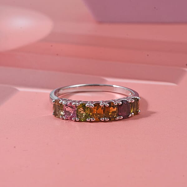 D'Joy Premium Multi-Tourmaline 1.20 Ctw Blossom Kiss Band Ring In Rhodium Over Sterling Silver