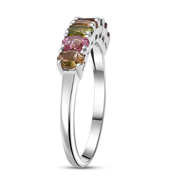 D'Joy Premium Multi-Tourmaline 1.20 Ctw Blossom Kiss Band Ring In Rhodium Over Sterling Silver