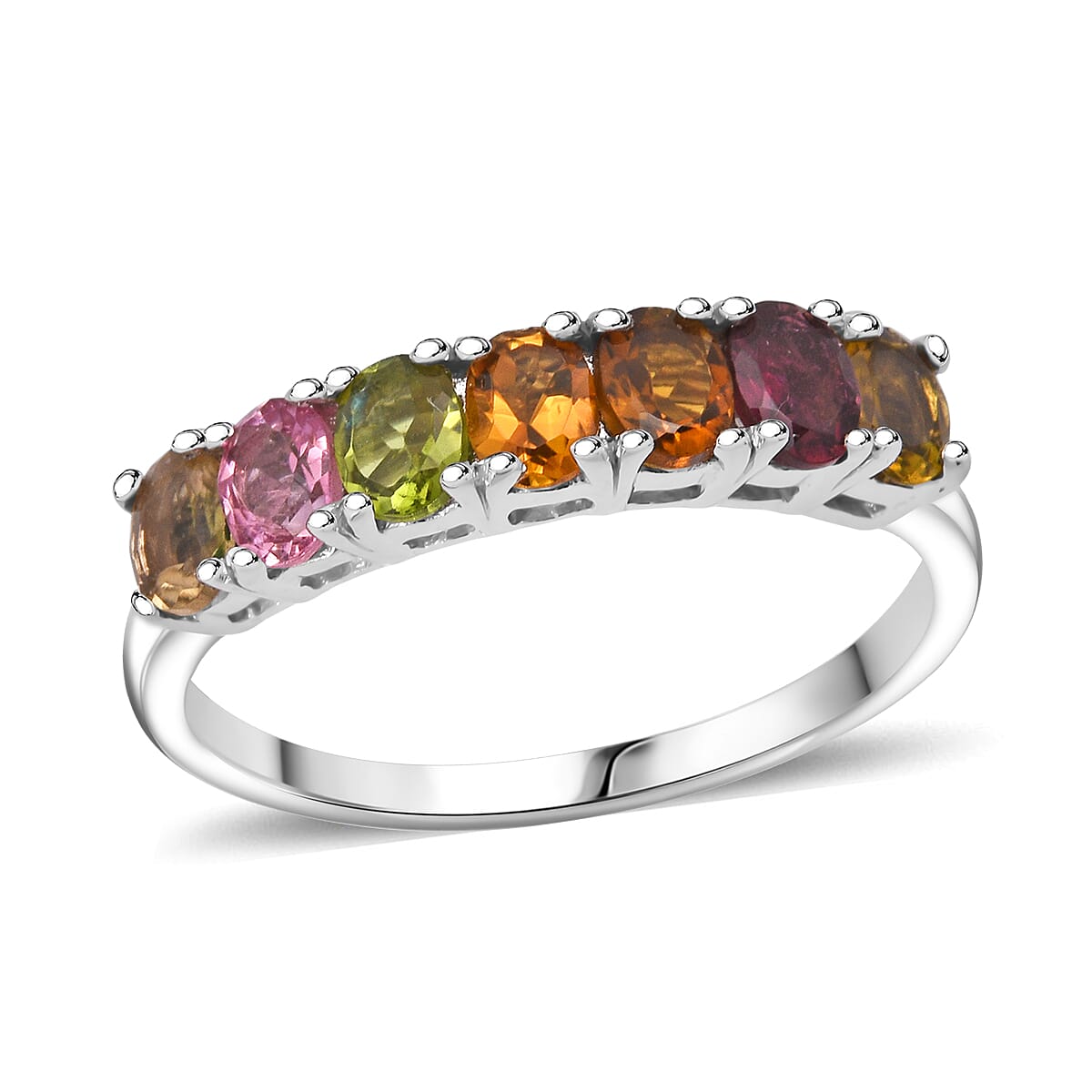 D'Joy Premium Multi-Tourmaline 1.20 ctw Blossom Kiss Band Ring in Rhodium Over Sterling Silver