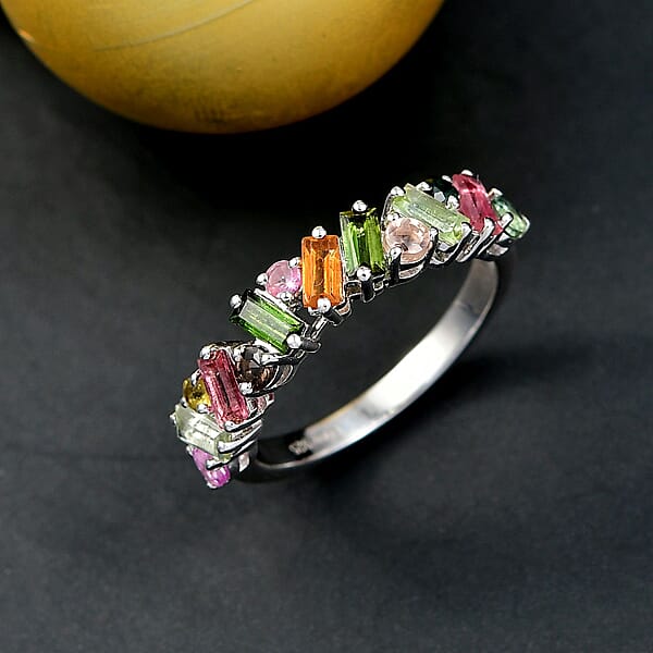 D'Joy Premium Multi-Tourmaline 1.30 Ctw Vibrancy Of Life Ring In Rhodium Over Sterling Silver