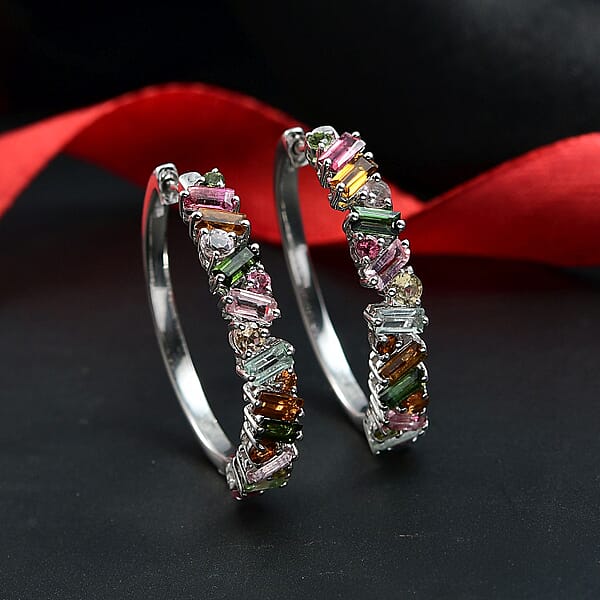 D'Joy Premium Multi-Tourmaline 3.00 Ctw Vibrancy Of Life Hoop Earrings In Rhodium Over Sterling Silver