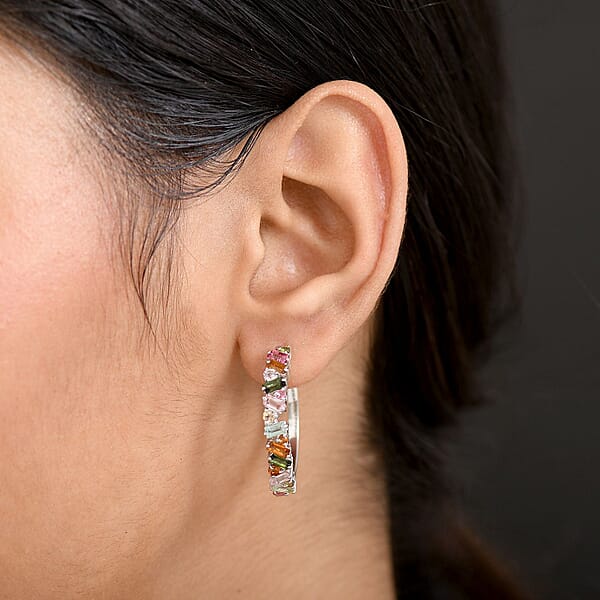 D'Joy Premium Multi-Tourmaline 3.00 Ctw Vibrancy Of Life Hoop Earrings In Rhodium Over Sterling Silver