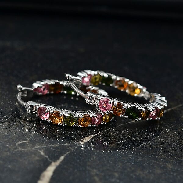 D'Joy Premium Multi-Tourmaline 3.10 Ctw Rainbow Hoop Earrings In Rhodium Over Sterling Silver