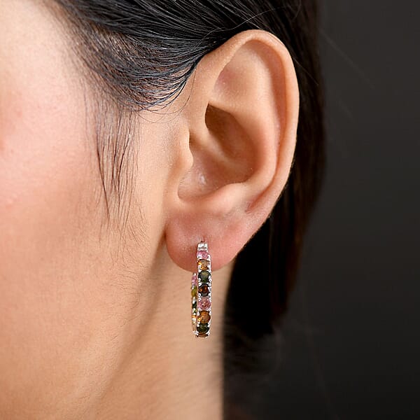 D'Joy Premium Multi-Tourmaline 3.10 Ctw Rainbow Hoop Earrings In Rhodium Over Sterling Silver