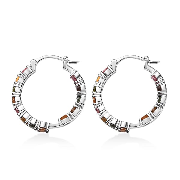D'Joy Premium Multi-Tourmaline 3.10 Ctw Rainbow Hoop Earrings In Rhodium Over Sterling Silver