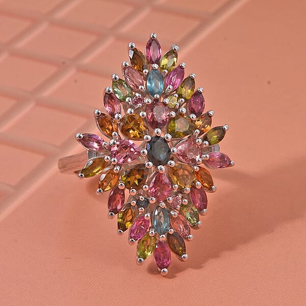 D'Joy Premium Multi-Tourmaline 4.00 Ctw Auroras Bloom Ring In Rhodium Over Sterling Silver