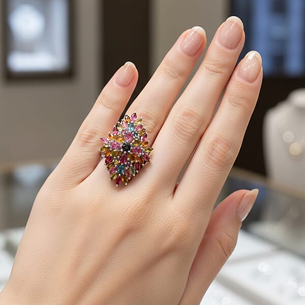 D'Joy Premium Multi-Tourmaline 4.00 Ctw Auroras Bloom Ring In Rhodium Over Sterling Silver
