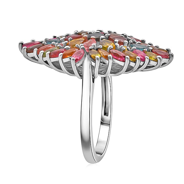 D'Joy Premium Multi-Tourmaline 4.00 Ctw Auroras Bloom Ring In Rhodium Over Sterling Silver