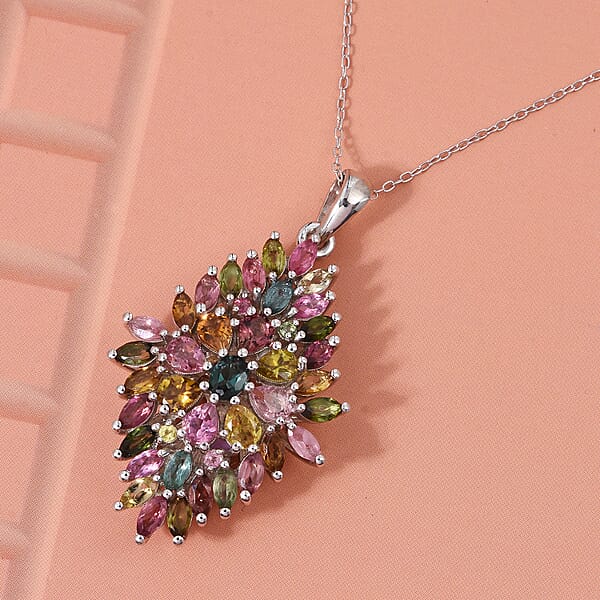 D'Joy Premium Multi Tourmaline 4.00 Ctw Auroras Bloom Pendant Necklace In Rhodium Over Sterling Silver 20 Inches