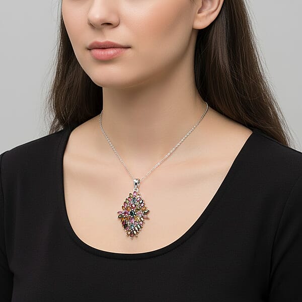 D'Joy Premium Multi Tourmaline 4.00 Ctw Auroras Bloom Pendant Necklace In Rhodium Over Sterling Silver 20 Inches