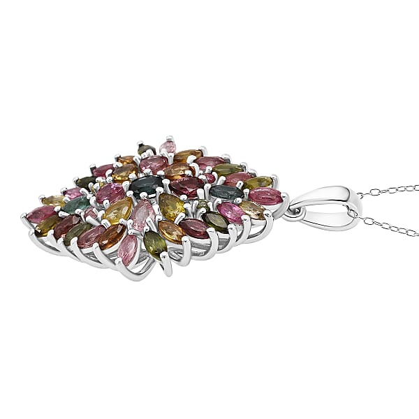 D'Joy Premium Multi Tourmaline 4.00 Ctw Auroras Bloom Pendant Necklace In Rhodium Over Sterling Silver 20 Inches