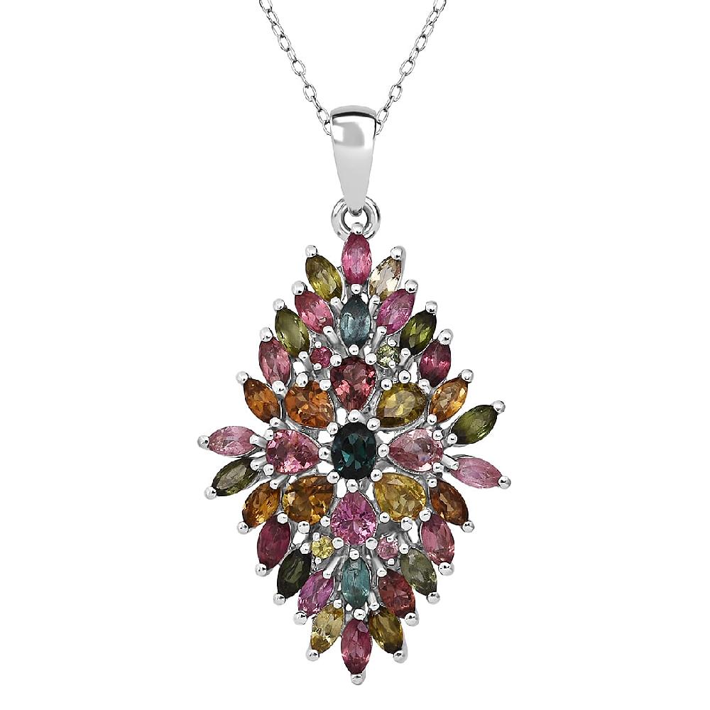 D'Joy Premium Multi Tourmaline 4.00 ctw Auroras Bloom Pendant Necklace in Rhodium Over Sterling Silver 20 Inches