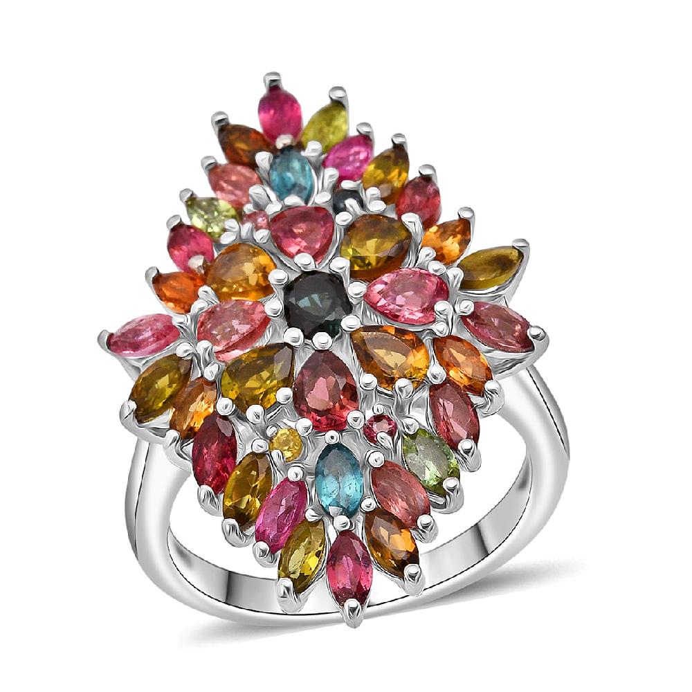 D'Joy Premium Multi-Tourmaline 4.00 ctw Auroras Bloom Ring in Rhodium Over Sterling Silver