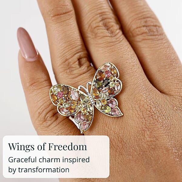 D'Joy Premium Multi-Tourmaline 4.75 Ctw Butterfly Ring In 18K Vermeil Yellow Gold Over Sterling Silver