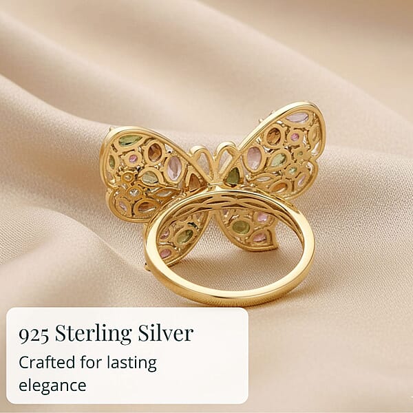 D'Joy Premium Multi-Tourmaline 4.75 Ctw Butterfly Ring In 18K Vermeil Yellow Gold Over Sterling Silver