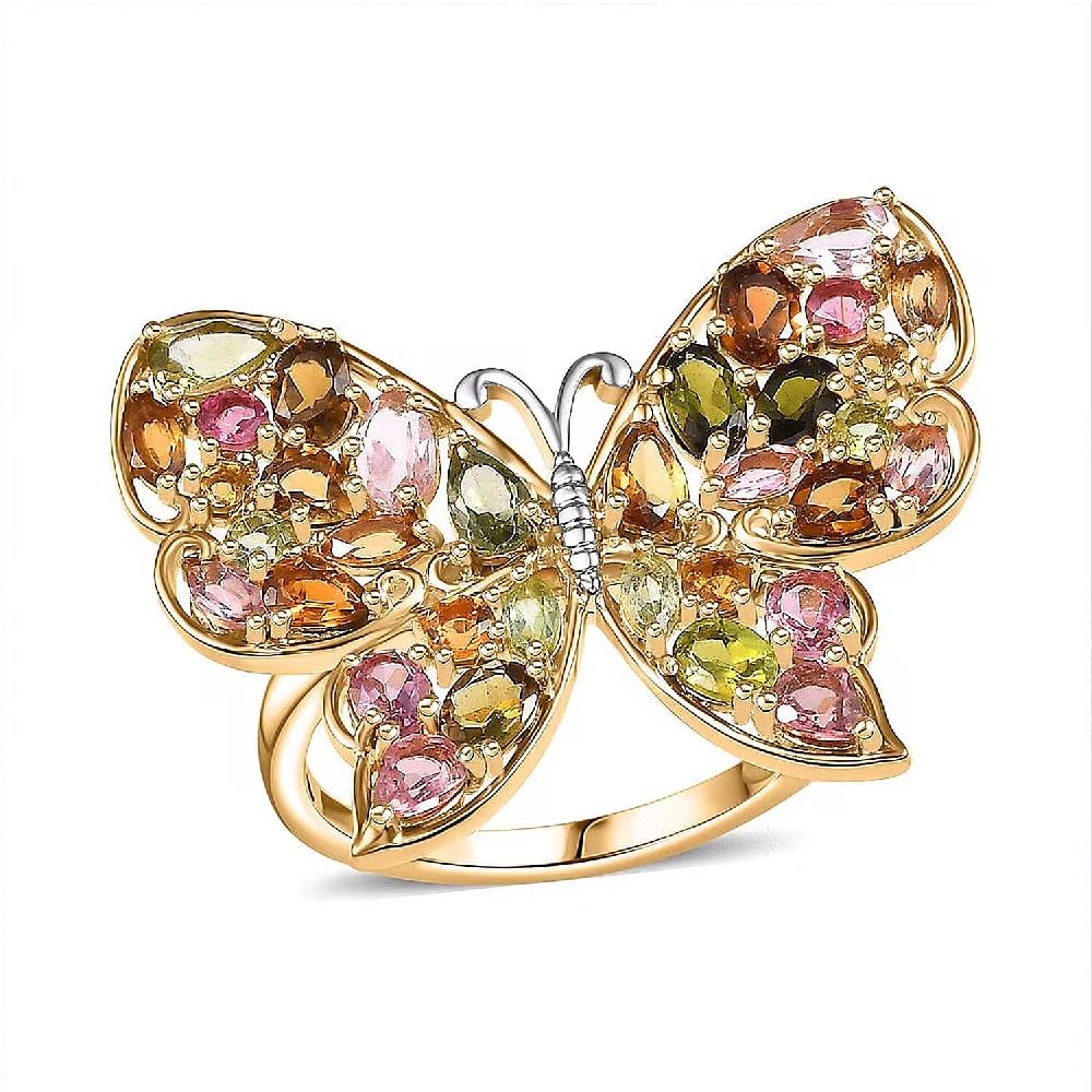D'Joy Premium Multi-Tourmaline 4.75 ctw Butterfly Ring in 18K Vermeil Yellow Gold Over Sterling Silver