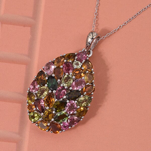 D'Joy Premium Multi Tourmaline 5.75 Ctw Mosaic Bloom Pendant Necklace In Rhodium Over Sterling Silver 20 Inches