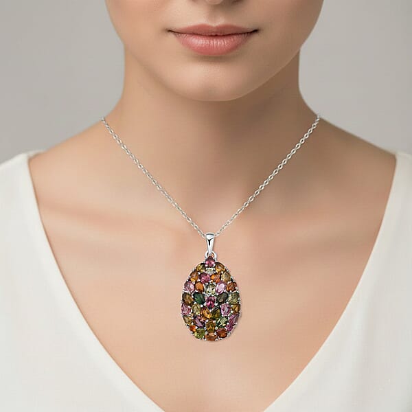 D'Joy Premium Multi Tourmaline 5.75 Ctw Mosaic Bloom Pendant Necklace In Rhodium Over Sterling Silver 20 Inches