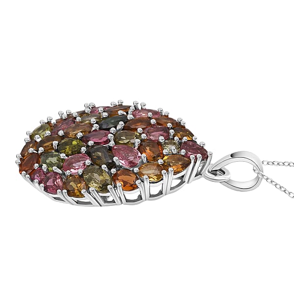 D'Joy Premium Multi Tourmaline 5.75 Ctw Mosaic Bloom Pendant Necklace In Rhodium Over Sterling Silver 20 Inches
