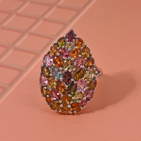D'Joy Premium Multi-Tourmaline 5.75 Ctw Mosaic Bloom Ring In Rhodium Over Sterling Silver