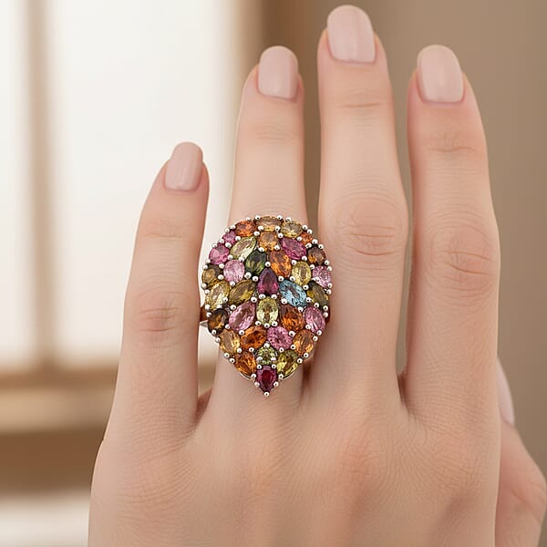 D'Joy Premium Multi-Tourmaline 5.75 Ctw Mosaic Bloom Ring In Rhodium Over Sterling Silver