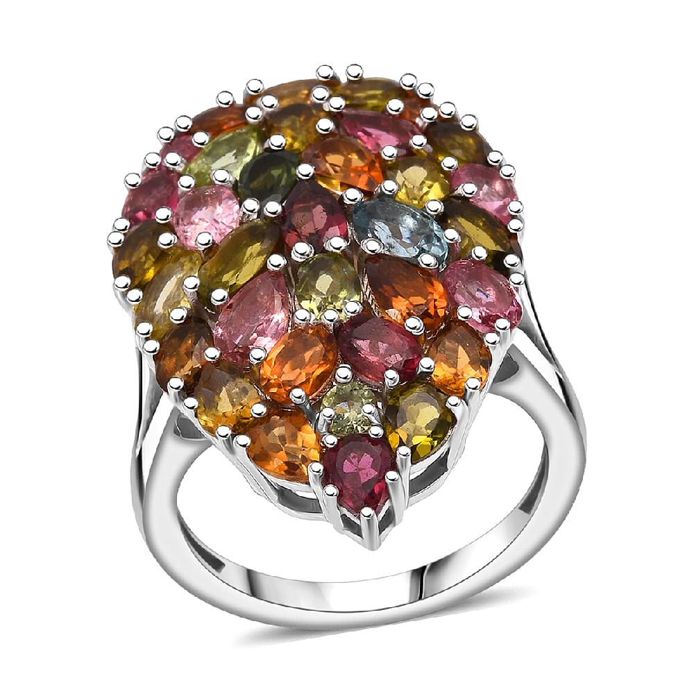 D'Joy Premium Multi-Tourmaline 5.75 ctw Mosaic Bloom Ring in Rhodium Over Sterling Silver