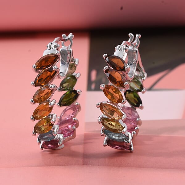 D'Joy Premium Multi Tourmaline 6.50 Ctw Shades Of Forever Hoop Earrings In Rhodium Over Sterling Silver