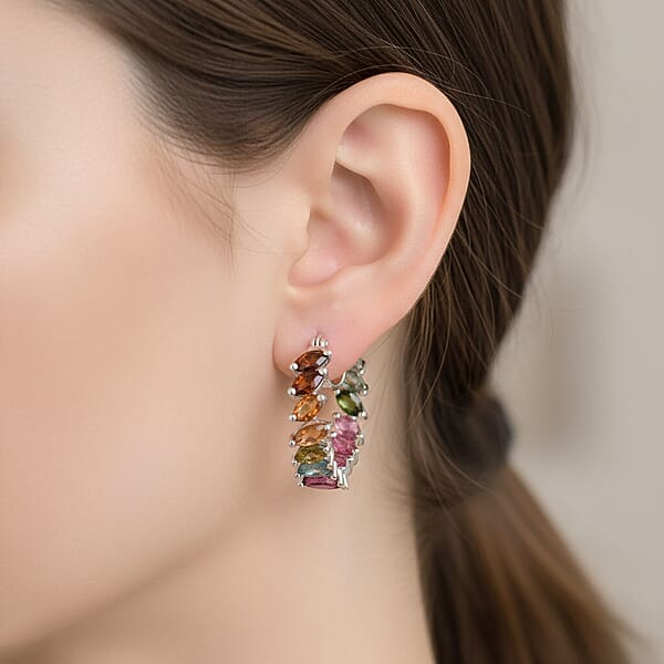 D'Joy Premium Multi Tourmaline 6.50 Ctw Shades Of Forever Hoop Earrings In Rhodium Over Sterling Silver